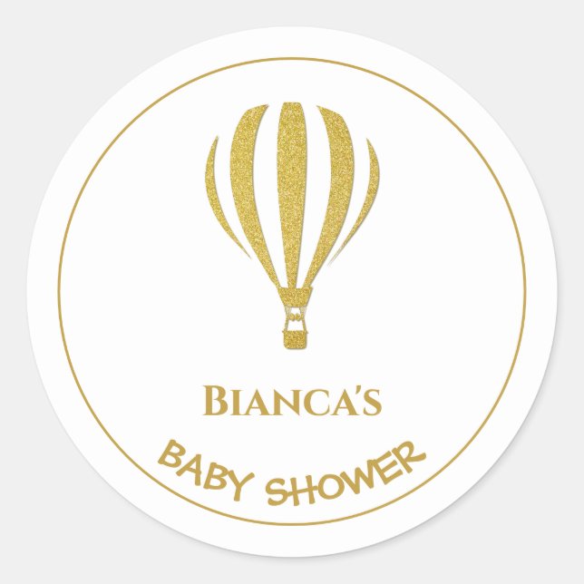 Pegatina Redonda Baby Shower Gold Hot Air Balloon (Anverso)