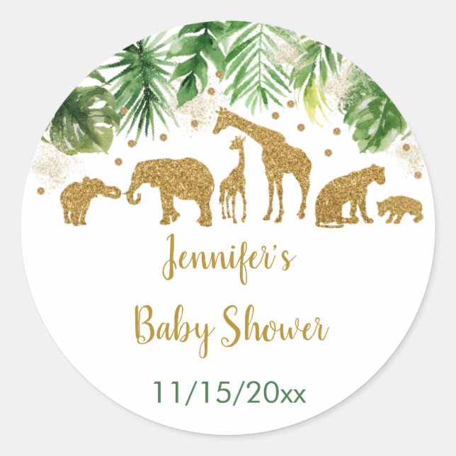 Pegatina Redonda Baby Shower Gold Safari Animal (Anverso)