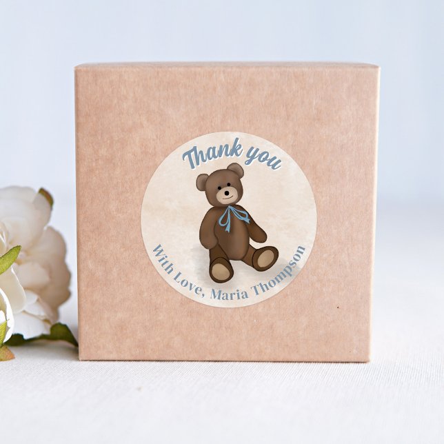 Pegatina Redonda Baby Shower Gracias, Cute Teddy Bear (Cute Baby Shower custom sticker)
