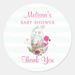 Pegatina Redonda Baby Shower Gracias Egg Flamingo & Bunny
