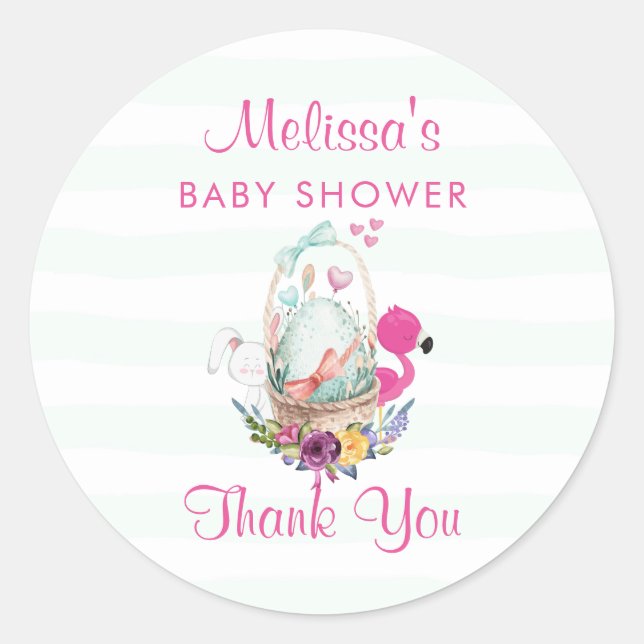 Pegatina Redonda Baby Shower Gracias Egg Flamingo & Bunny (Anverso)
