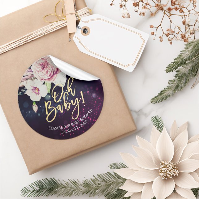 Pegatina Redonda Baby Shower Gracias Floral Feather Purple Lights (Subido por el creador)