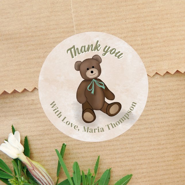 Pegatina Redonda Baby Shower Gracias Green Teddy Bear (Cute Vintage Style Baby Shower Stickers. )