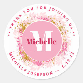 Pegatina Redonda Baby Shower Gracias Purpurina de acuarela monogram