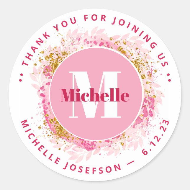 Pegatina Redonda Baby Shower Gracias Purpurina de acuarela monogram (Anverso)