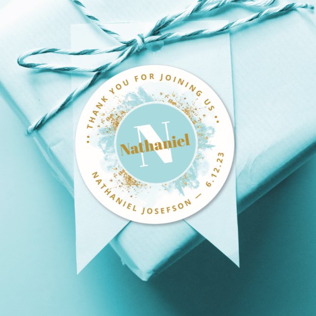 Pegatina Redonda Baby Shower Gracias Purpurina de acuarela monogram (Subido por el creador)