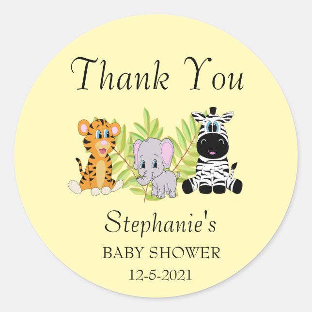 Pegatina Redonda Baby Shower Gracias Selva Safari Animal (Anverso)