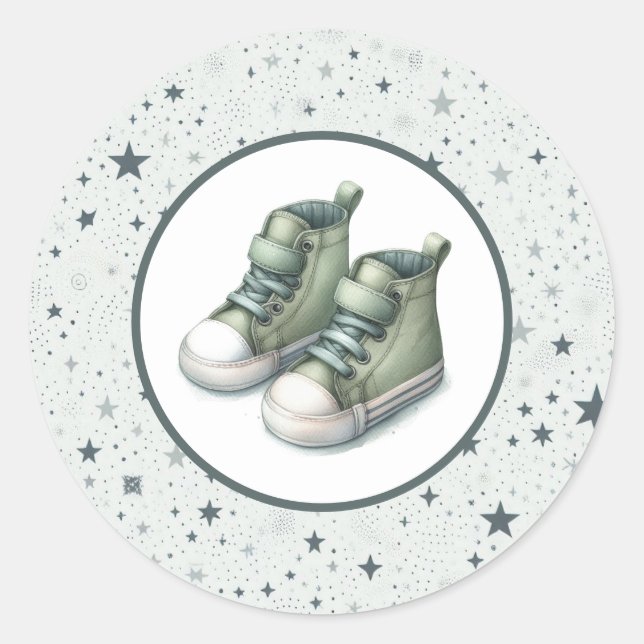Pegatina Redonda Baby Shower Green Baby High Tops (Anverso)