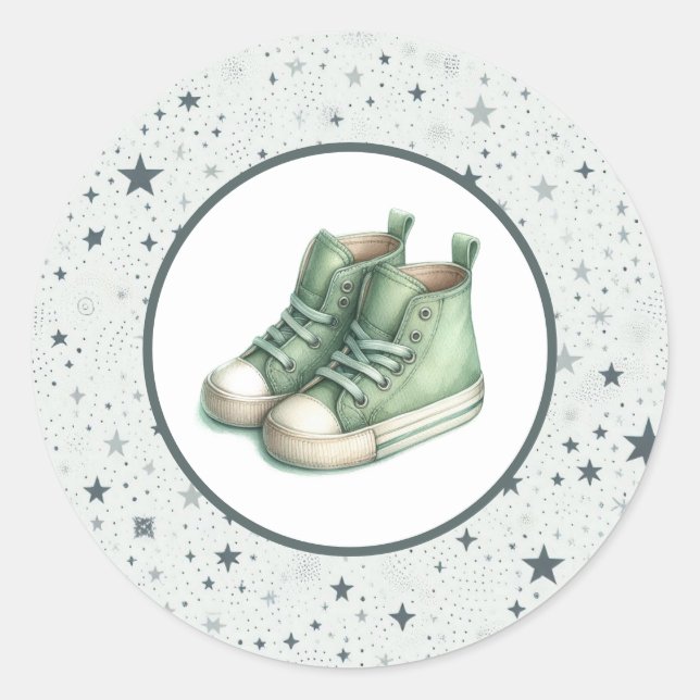 Pegatina Redonda Baby Shower Green Baby High Tops (Anverso)