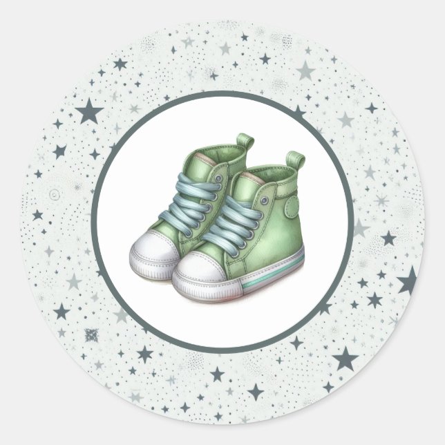 Pegatina Redonda Baby Shower Green Baby High Tops (Anverso)