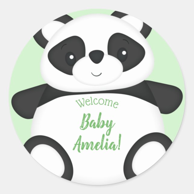Pegatina Redonda Baby Shower Green Panda Bear (Anverso)
