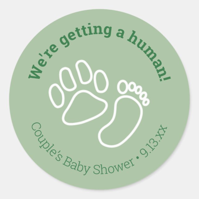 Pegatina Redonda Baby Shower Green Paw Print y Baby Foot (Anverso)