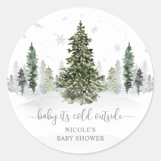 Pegatina Redonda Baby Shower gris de la selva de invierno acuarela