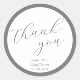 Pegatina Redonda Baby Shower gris de script minimalista