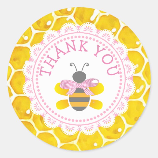 Pegatina Redonda Baby Shower Honeybee Gracias Pegatinas Honeycomb (Anverso)
