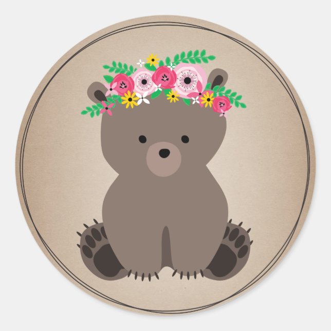 Pegatina Redonda Baby Shower inspirado en el libro Boho Bear Cardst (Anverso)
