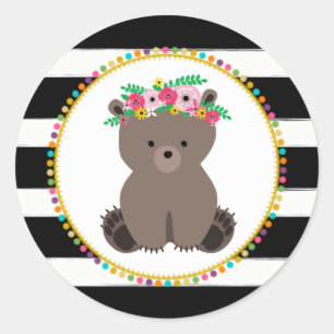 Pegatina Redonda Baby Shower inspirado en el pompom del oso boho