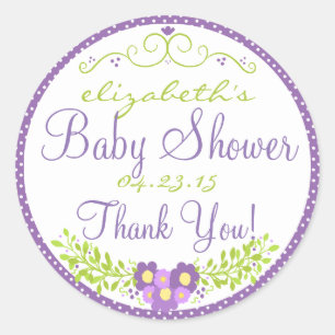 Pegatina Redonda Baby Shower Laurel-Lavender