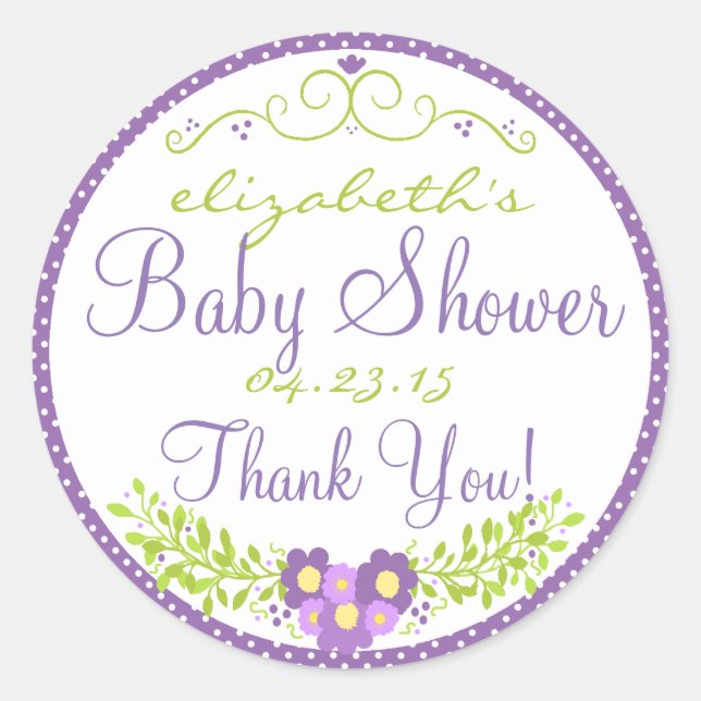 Pegatina Redonda Baby Shower Laurel-Lavender (Anverso)