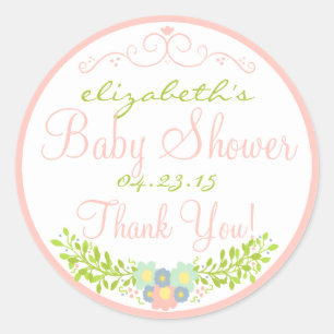 Pegatina Redonda Baby Shower Laurel-Peach