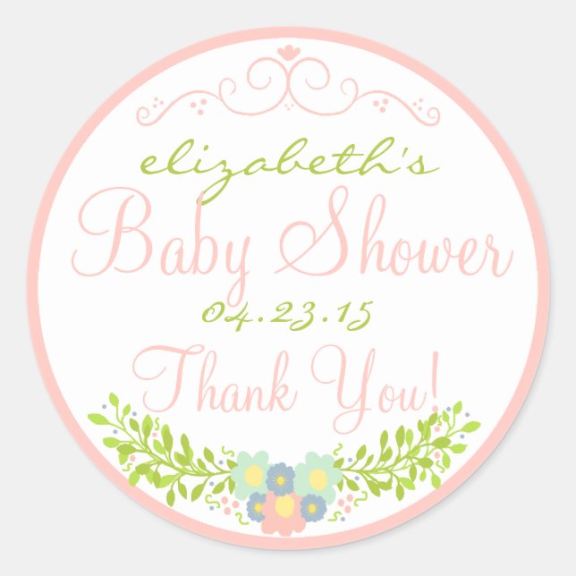 Pegatina Redonda Baby Shower Laurel-Peach (Anverso)