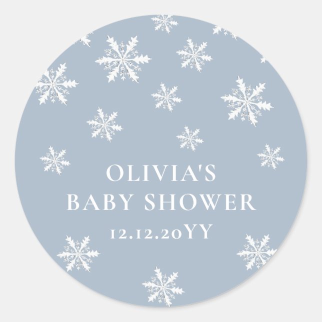 Pegatina Redonda Baby Shower Light Blue Boho Winter Snowflake (Anverso)