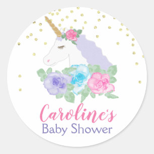 Pegatina Redonda Baby Shower mágico de unicornio rosa y oro