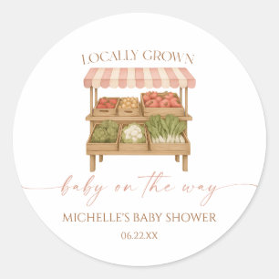 Pegatina Redonda Baby Shower Mercado de Granjero Bebé Cultivado Loc