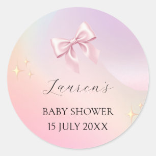 Pegatina Redonda Baby Shower Minimalista con Lazo Rosa