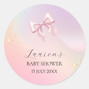 Pegatina Redonda Baby Shower Minimalista con Lazo Rosa