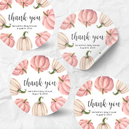 Pegatina Redonda Baby Shower Minimalista de Otoño con Calabaza Rosa