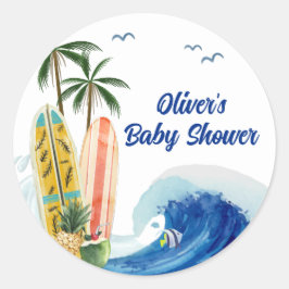 Pegatina Redonda Baby Shower moderno Blue Ocean Wave Surfboard