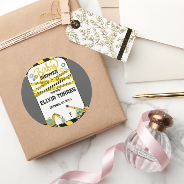 Pegatina Redonda Baby Shower moderno en construcción (Regalar)