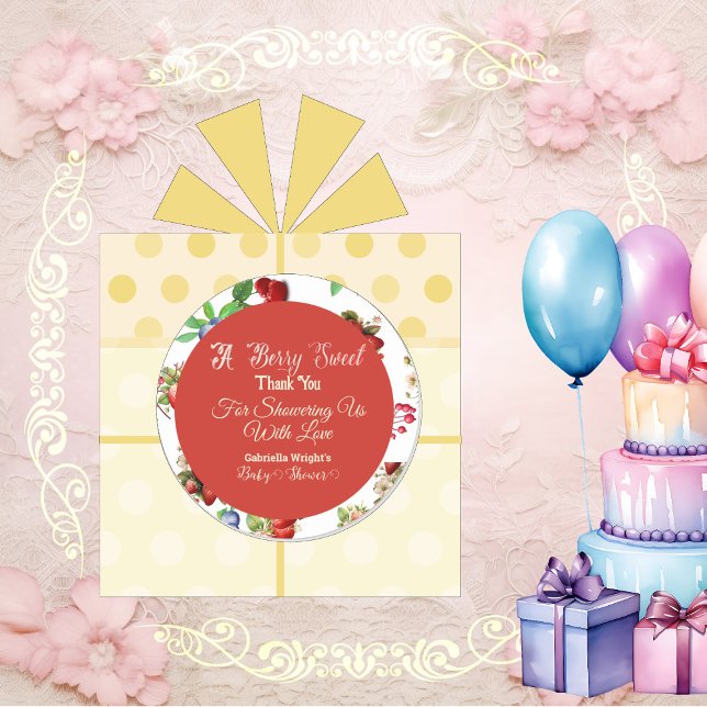 Pegatina Redonda Baby Shower moderno rojo fresa azul Berry dulce (Modern Red Strawberry Blue Berry Sweet Baby Shower Classic Round Sticker)