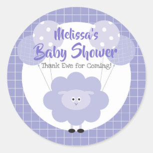 Pegatina Redonda Baby Shower Morado Cordero Gracias Ewe Cute Kawaii