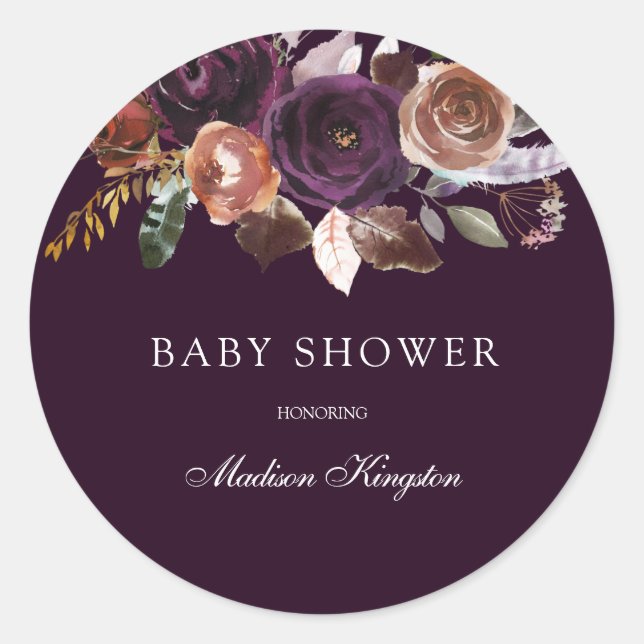 Pegatina Redonda Baby Shower Morple Plum Peach Burgundy Flowers (Anverso)