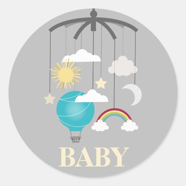 Pegatina Redonda Baby Shower móvil de globo de aire caliente - Azul (Anverso)