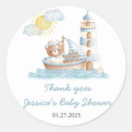 Pegatina Redonda Baby Shower Nautical Bear Water Boat