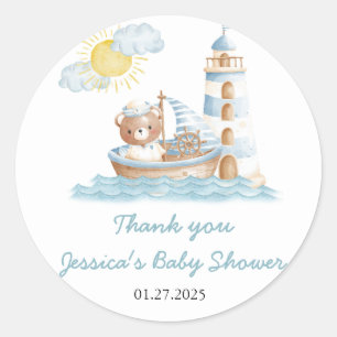 Pegatina Redonda Baby Shower Nautical Bear Water Boat