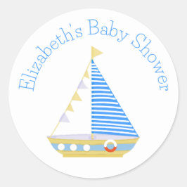 Pegatina Redonda Baby Shower Nautical Blue Stripe
