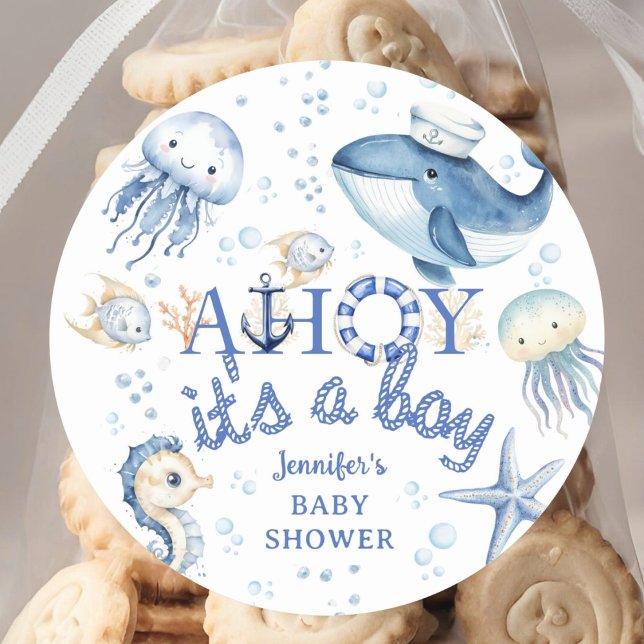 Pegatina Redonda Baby Shower Náutico Ahoy es un chico marinero (Subido por el creador)