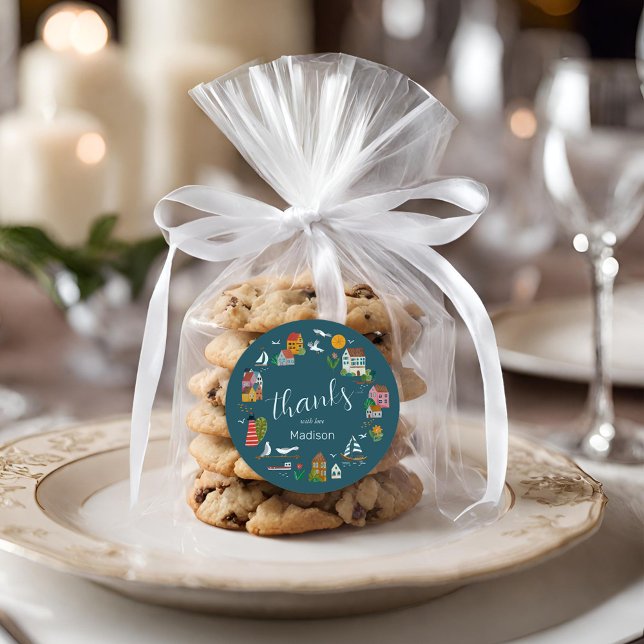 Pegatina Redonda Baby Shower Náutico de Blue Boy Village Coastal (Coastal Village Blue Boy Nautical Baby Shower Classic Round Sticker)