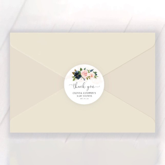 Pegatina Redonda Baby Shower Navy Rubor Pink Floral (Subido por el creador)