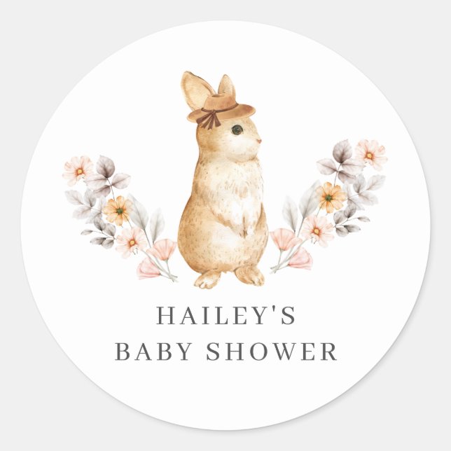 Pegatina Redonda Baby Shower Neutral Bunny Wildflower (Anverso)