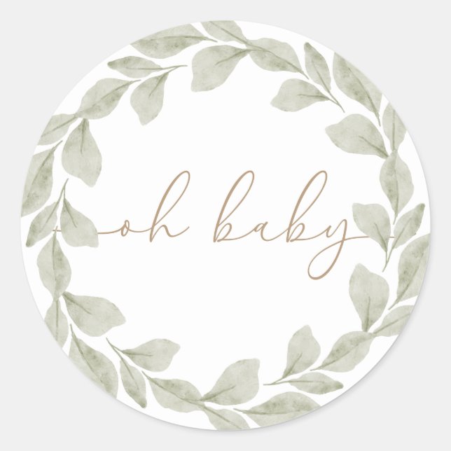Pegatina Redonda Baby Shower Neutral de Eucalyptus Leaf de Género (Anverso)