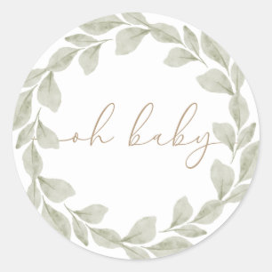 Pegatina Redonda Baby Shower Neutral de Eucalyptus Leaf de Género