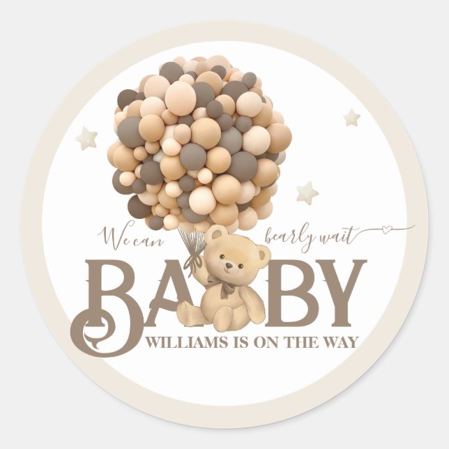 Pegatina Redonda Baby Shower neutral de globo Bearly Wait Boho (Anverso)