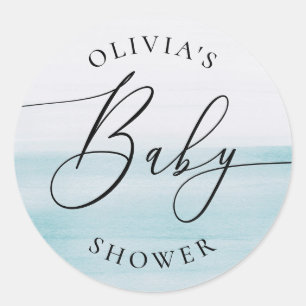 Pegatina Redonda Baby Shower Neutral Elegante   Acuarela Azul Suave