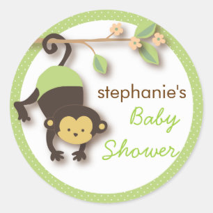 Pegatina Redonda Baby Shower Neutral moderno dulce mono   Verde