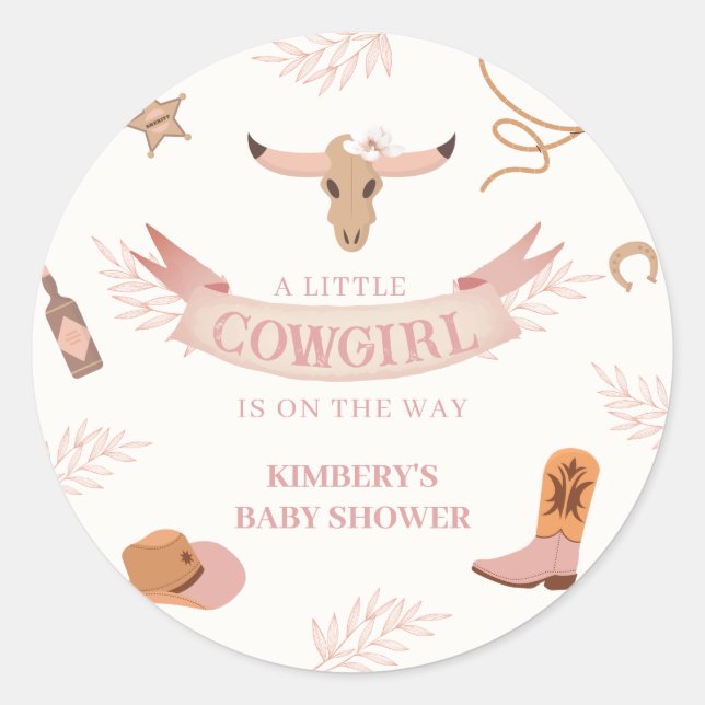 Pegatina Redonda Baby Shower Neutral Pink Boho Wild West Cowgirl (Anverso)